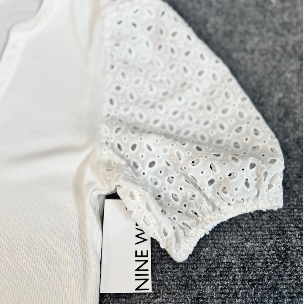 Nine West Womens White Ribbed Eyelet Puff Sleeve Split Neck Top Small NWT - Picture 3 of 5